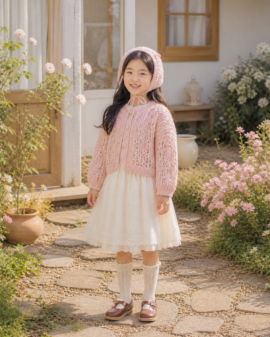 가상의 AI 아동 모델이 베이비핑크 레이스 가디건을 입은 귀염 손뜨개 패션 콘셉트
