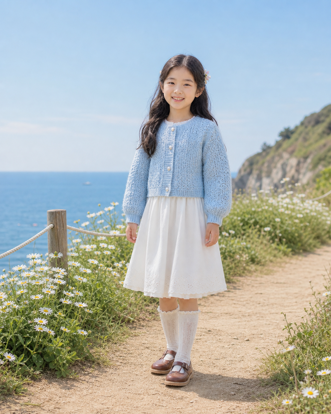 가상의 AI 아동 모델이 스카이블루 크롭 카디건을 입은 청량 손뜨개 패션 콘셉트