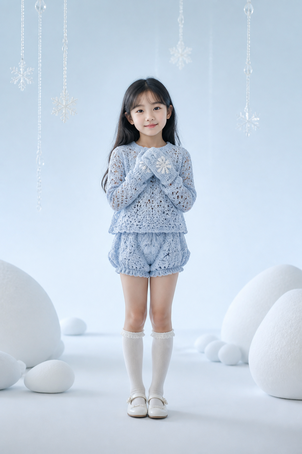 가상의 AI 아동 모델이 아이스블루 블루머 세트을 입은 눈꽃 손뜨개 패션 콘셉트