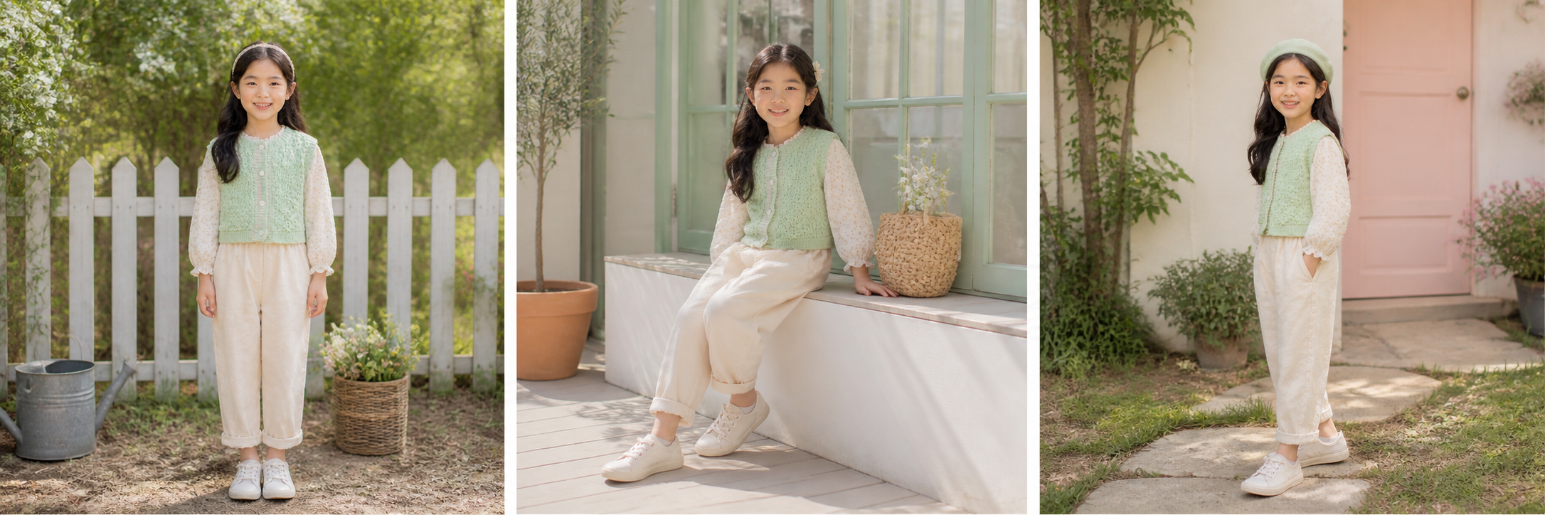 산뜻 감성의 보블 조끼을 입은 가상 AI 아동 모델 3가지 화보